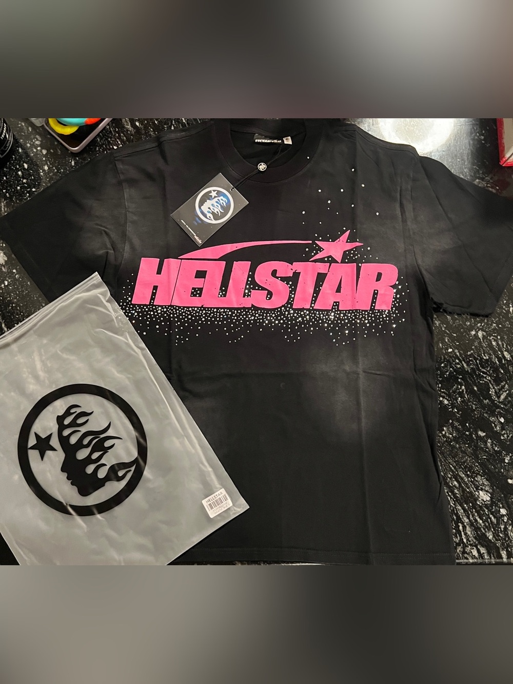 Hellstar Men's Black Tee with Pink Logo size small